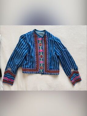 Vintage Blue Striped Embroidered Jacket with Pink & Red Accents